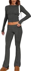 Women 2 Pieces Outfits Long Sleeve Crewneck Crop Shirt Top Large, Dark Grey - Picture 1 of 4