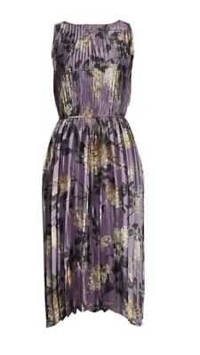 NUEVO $595 Vestido Vince Lila Plisado Sin Mangas Satinado Midi XL Púrpura Foto 1 de 4
