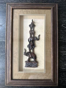 Stacked, Hand-Carved, Elephant Family in Shadow Box Framing, 17”x10.5” PO-VG++ - Picture 1 of 4