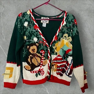 VTG Heirloom Collectibles Christmas Green Bear Bells Cardigan Sweater Women's MD - Picture 1 of 8
