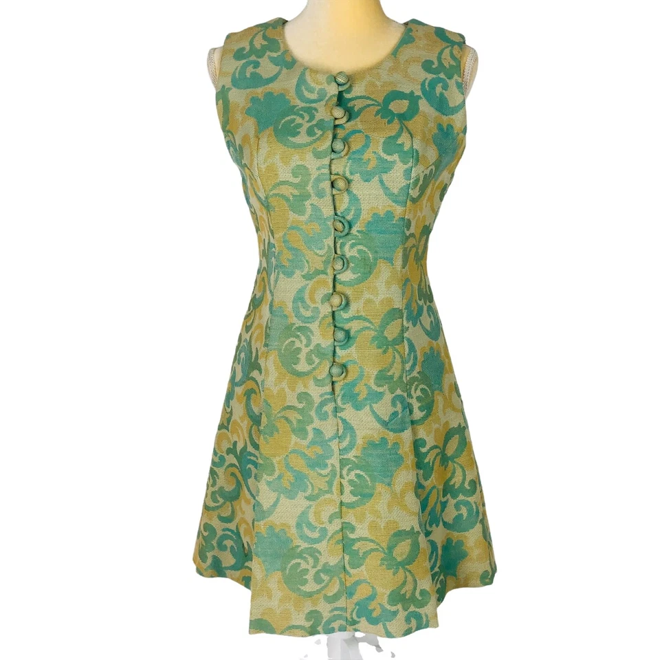 Vintage 1960s Dress Dress Size XS Green Yellow Floral Sleeveless Fabric Buttons - Image 1 of 4