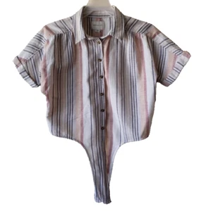 American Eagle Women's Shirt Tan Striped Small Tie- Up Button Up Cap Sleeve - Picture 1 of 6