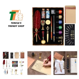 Quill Feather Pen and Ink Set, Calligraphy Pen Glass Dip Pen and Wax Seal Sta... - Picture 1 of 8