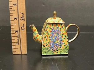 Trade Plus + Aid Emaille Kupfer Miniatur Teekanne gelb bunt Blumen 3,5" - Bild 1 von 9