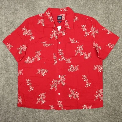 Gap Shirt Mens Large Red Floral Embroidered Camp Collar Linen Blend Vacation NEW - Image 1 of 4