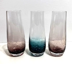 Pier 1 Crackle Glass 6" Tall Set of 3 Colored Bottom 2 Amethyst 1 Teal Blue - Picture 1 of 17