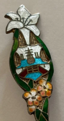 罕见古董百慕大珐琅卡拉百合花卉纯银纪念品勺子 — 第 1/4 张图片