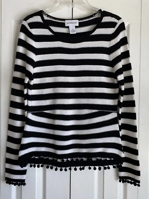 Peck & Peck Sweater Women's Long Sleeve Pullover Black White Stripes Pom Poms S - Image 1 of 3