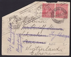 1923 4d Australia KGV 2d Red Cover to Switzerland (BURGDORF Back) + Redirection - Picture 1 of 5