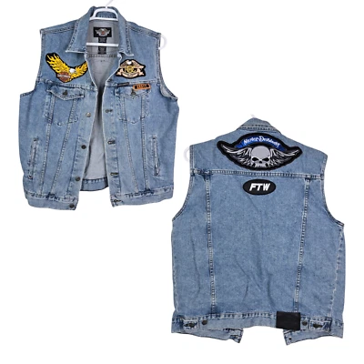Chaleco Harley Davidson Para Hombres Grande Denim Jean Chaqueta Parches Bordados Motociclista Foto 1 de 4