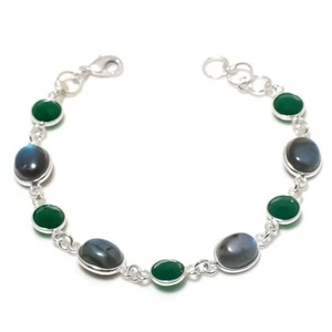 Labradorite & Diopside Gemstone 925 Sterling Silver Jewelry Bracelet Size 7-8" - Picture 1 of 1