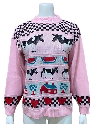 Suéter Adele Knitwear Vintage Años 80 Corazones Rosa Vacas Sandía Granja Foto 1 de 4