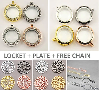 30mm GLASS LIVING LOCKET + WINDOW PLATE + FREE CHAIN Silver Gold Gunmetal Rose - Image 1 of 4