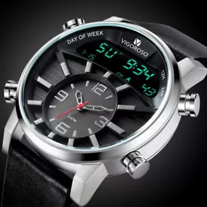 Dual Analogue Digital Mens Sport Watches Waterproof Leather Strap Men Wristwatch - Picture 1 of 19