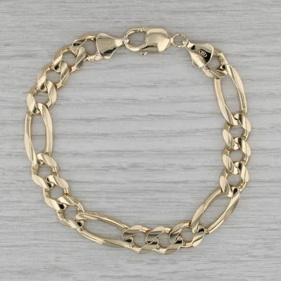 Hombres Cadena Figaro Pulsera Sólido 10k Oro Amarillo 8.75" 10.5mm 30.9g - Imagen 1 de 4