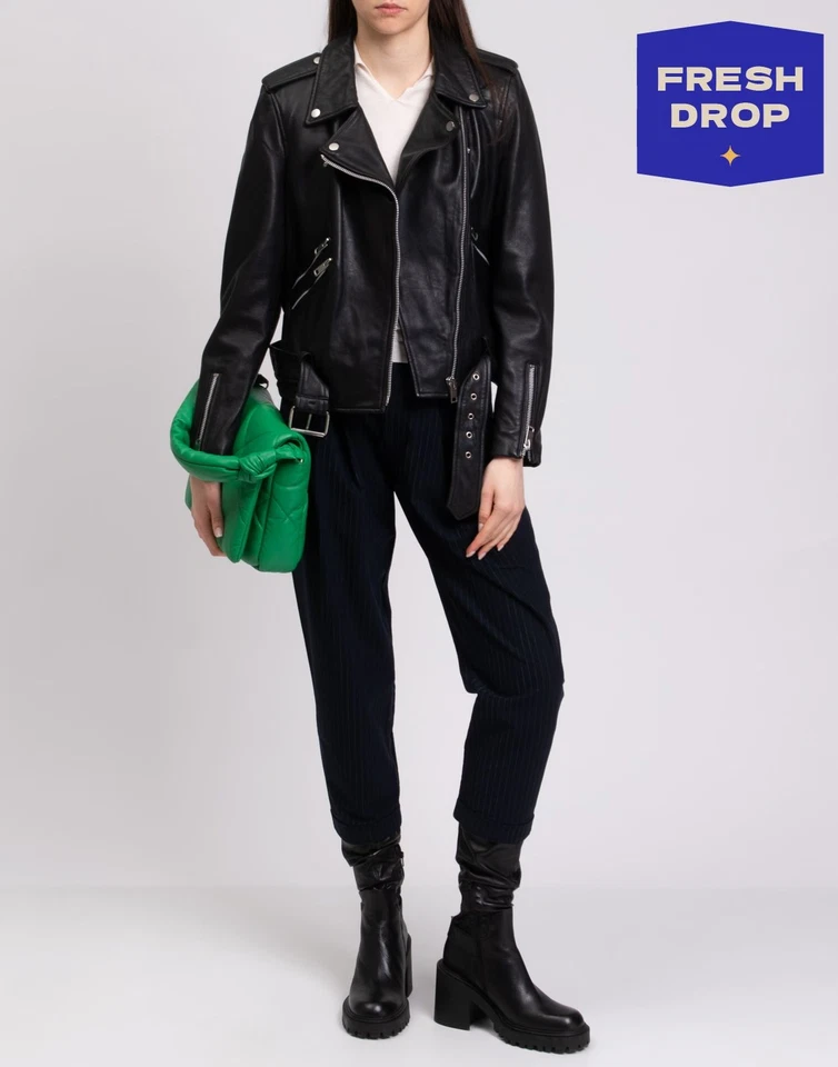 RRP €850 WALTER BAKER Allison Leather Biker Jacket Size L Black Zipped Belted - Image 1 of 4