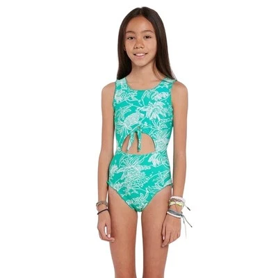 Volcom Girls 16 Aqua Island Hop One Piece Swimsuit Cutout Tropical Beach N6-19 - Image 1 of 4