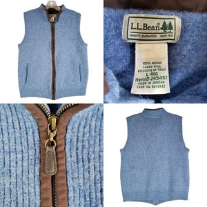 LL Bean Wool Sweater Vest Men’s Medium Blue Waterfowl Full Zip Ribbed Pockets - Picture 1 of 10