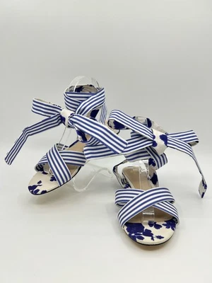 CABI NWOB Fabric Lace Up Floral Sandal Size 8.5 Blue Ivory Women's Flat Stripe - Image 1 of 4