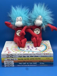 6 Dr. Seuss Large Hardcover Books, Thing 1 & Thing 2 Plush Dolls New To Like New - Bild 1 von 10