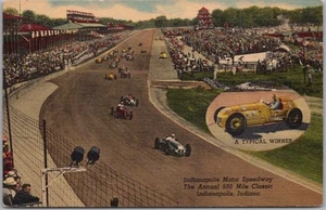 Vintage 1951 INDIANAPOLIS MOTOR SPEEDWAY Postcard INDY 500 Race Scene / LINEN - Picture 1 of 2