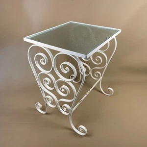 Vintage Wrought Iron Side Table Glass Top White Painted Scroll Legs Mid Century - Picture 1 of 11