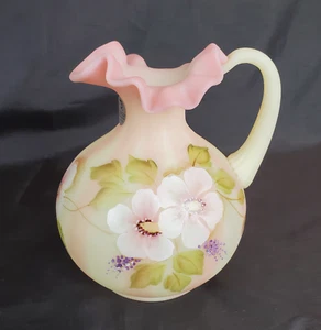 Fenton Burmese Uranium Art Glass Pitcher w/Painted Poppies Honoring Bill Fenton - Picture 1 of 7
