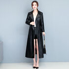 Womens Lapel Collar Belted Slim Trench Coat Leather Double Breasted Long Outwear