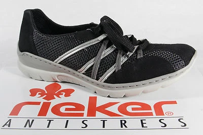 Rieker Women Lace-up Shoe, Half Shoe, Sneaker Synthetic Leather Black/Silver - Image 1 of 4