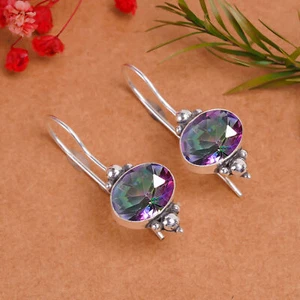 Rainbow Mystic Fire Topaz Gemstone 925 Sterling Silver Earring, Elegant Earring - Picture 1 of 4