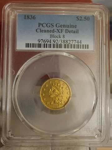 1836 $2.5 Block 8 Classic head RARE gold PCGS XF details Cover