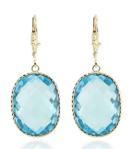 Handmade 14K Yellow Gold Gemstone Earrings With Large Oval Blue Topaz Drop - Picture 1 of 3