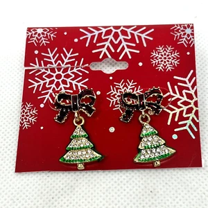 Christmas Earrings Rhinestone Christmas Trees With Red Bows Dangle Kohls New - Picture 1 of 5