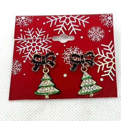 Christmas Earrings Rhinestone Christmas Trees With Red Bows Dangle Kohls New - Image 1 of 4