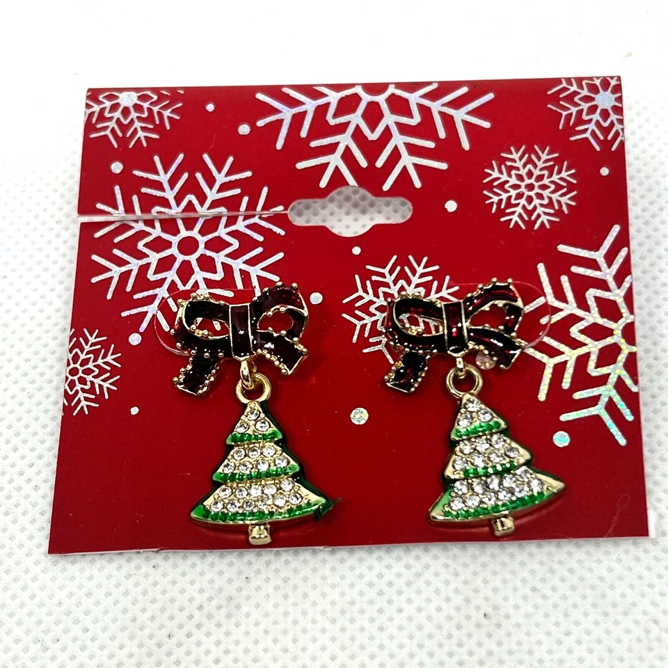 Kohl's Women's Christmas Earrings Rhinestone Christmas Trees With Red Bows