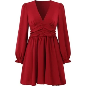 Damen Langarm tief V-Ausschnitt Falten Taille schlaffer Saum fließend Minikleid - Bild 1 von 11