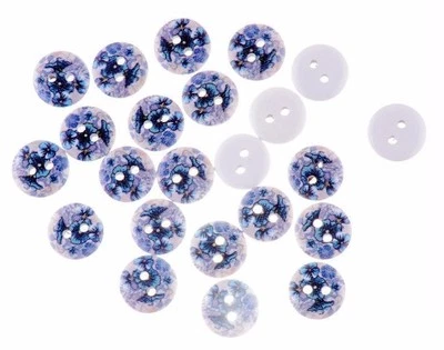 Pkg of 20 Blue FLOWERS White Wood Buttons 5/8" (15mm) Crafts (0892) - Image 1 of 2