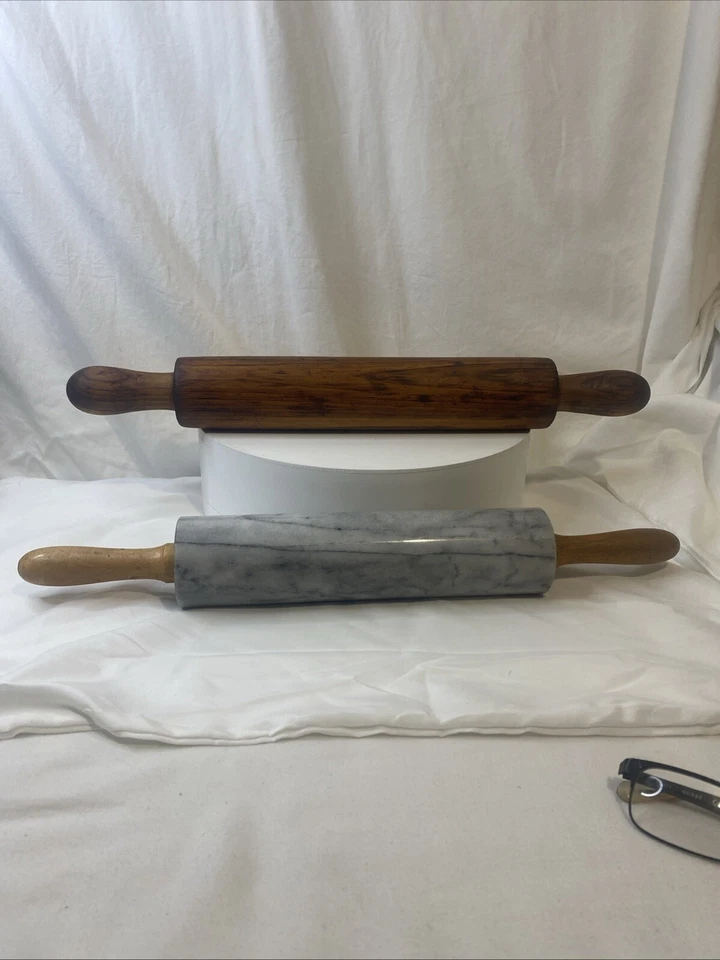 Mármol para hornear cocina vintage (pesado y madera 18" pasadores enrollables asas de madera Foto 1 de 4