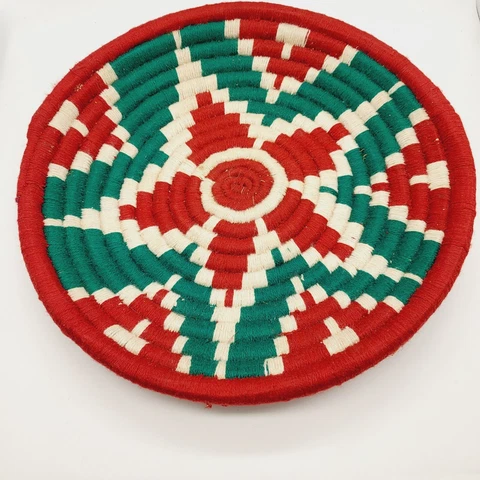 Vtg Native American Inspired Woven Coil Basket Star Red Green Bowl Southwest Art Cover