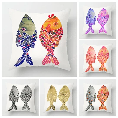 Modern Decorative Cushion for Home Colorful Two Fish Living Room Pillow Cover - Image 1 of 4