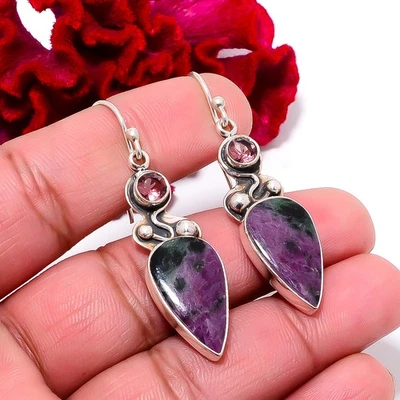Pendiente Rubí Natural con Zoisita y Amatista Rosa Plata de Ley 925 1.95" E945 Foto 1 de 4