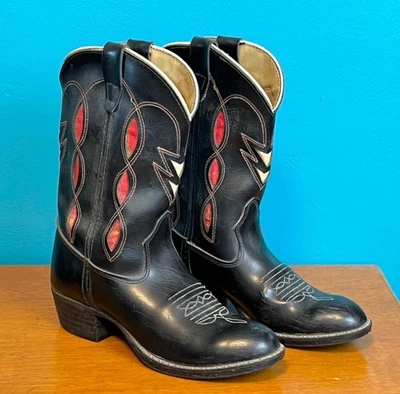 Vtg 70's Women's Cowboy Boots sz 6 D Black w/ Red & White Inlay Faux Leather - Image 1 of 4