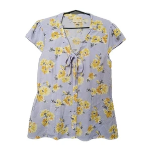 ModCloth Blouse XL Blue Floral Buttonup Retro Cap Sleeve Work Top Bow - Picture 1 of 6