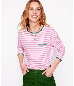 Boden Pink Rose Green Blanket Stitch Boxy Stripe Top Women's XS New Preppy Ad4 - Picture 1 of 9