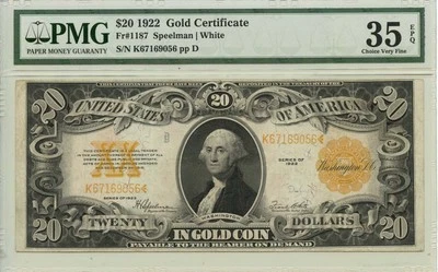 1922 $20 Gold Certificate Fr# 1187 PMG VF35 EPQ - Image 1 of 2