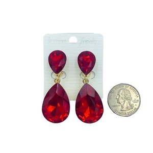 Clip On 2 Tier Teardrop Crystal Dangle Earrings - 6 Colors (0.75x2in) - Picture 1 of 17