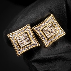 Yellow Gold Plated Hip Hop Small 3D Screw Back Iced Cz Mens Square Earrings - Picture 1 of 5