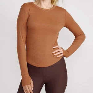 Old Navy Long Sleeve UltraLite Fitted Rib-Knit Top Brown Orange Athleisure L - Picture 1 of 2