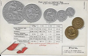 PERU Embossed Vintage Coin and Flag Postcard unused - Picture 1 of 2