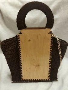 Handmade Wooden Knitted Bag Basket Handbag Purse Craft Brown Women's - Picture 1 of 12